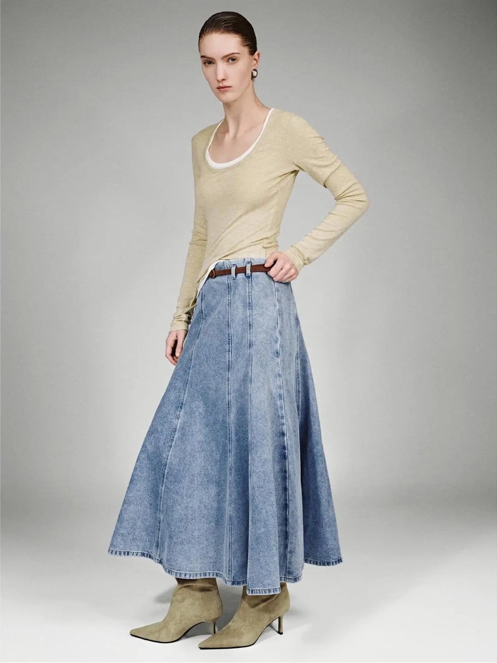 Light Blue A-Line Denim Maxi Skirt 100% Cotton  Non-stretch Skirt with Belt